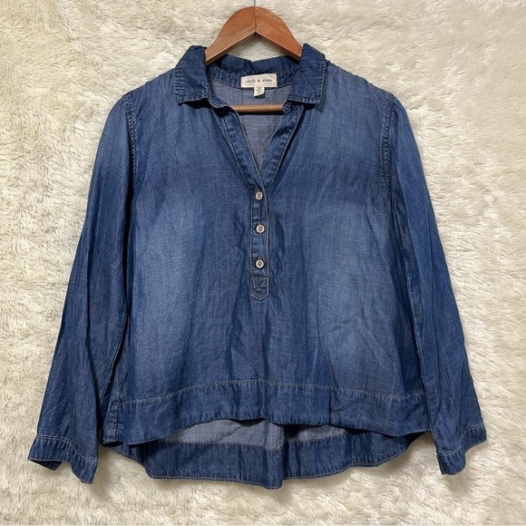 Anthropologie Cloth & Stone Chambray Tencel Lyocell Popover Long Sleeve v-neck - Picture 1 of 7